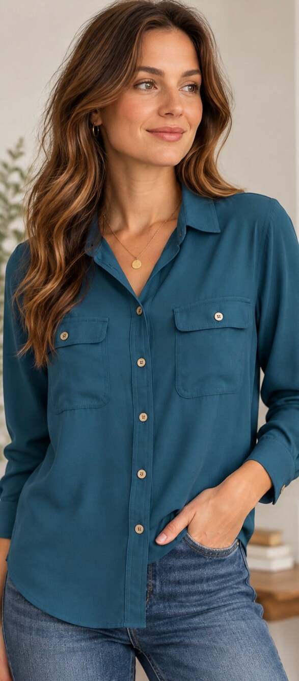 LOFT Teal Blue Utility Button Down Blouse Roll Tab Sleeves Large